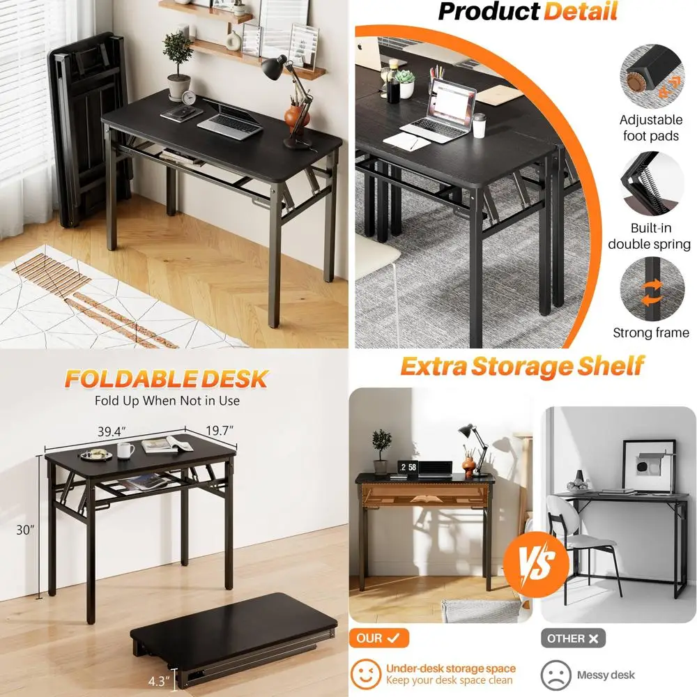 مكتب كمبيوتر مدمج قابل للطي مع رف تخزين للمساحات الصغيرة - مكتب للكتابة والدراسة