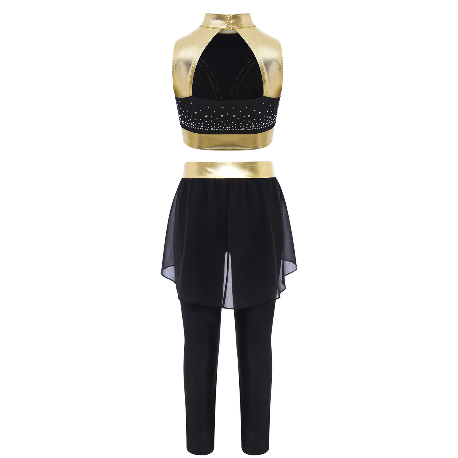 Kids Girls Latin Jazz Dance Costume Sleeveless Shiny Rhinestones Color Block Metallic Tank Crop Top+Pants Set Hip-hop Streetwear