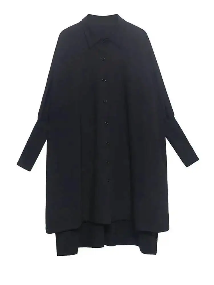 Vrouwen Zwart Onregelmatig Big Size Lange Blouse Nieuwe Revers Lange Mouw Loose Fit Shirt Mode Tij Lente Herfst
