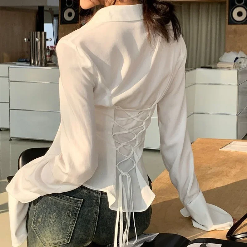 

Fashion Women Bandage Shirts Korean All Match Streetwear Female Slim Blouse Spring Casual White Bell Sleeve Shirt New