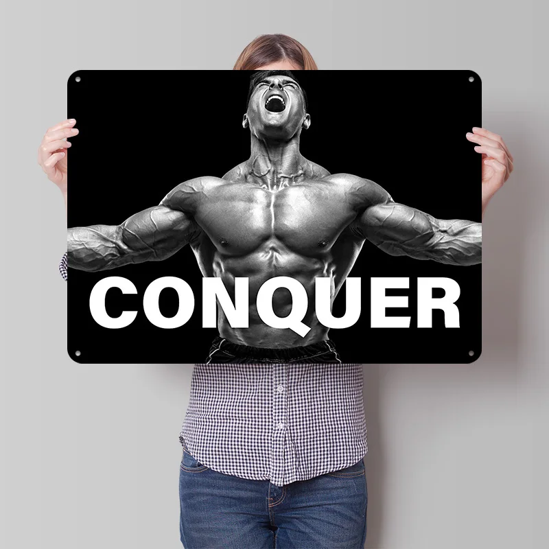 Affiche métallique CONQUER Bodybuilding, cadeau idéal pour les fans et les amateurs, décoration murale personnalisée, plaque métallique pour la décoration de la pièce, luxe