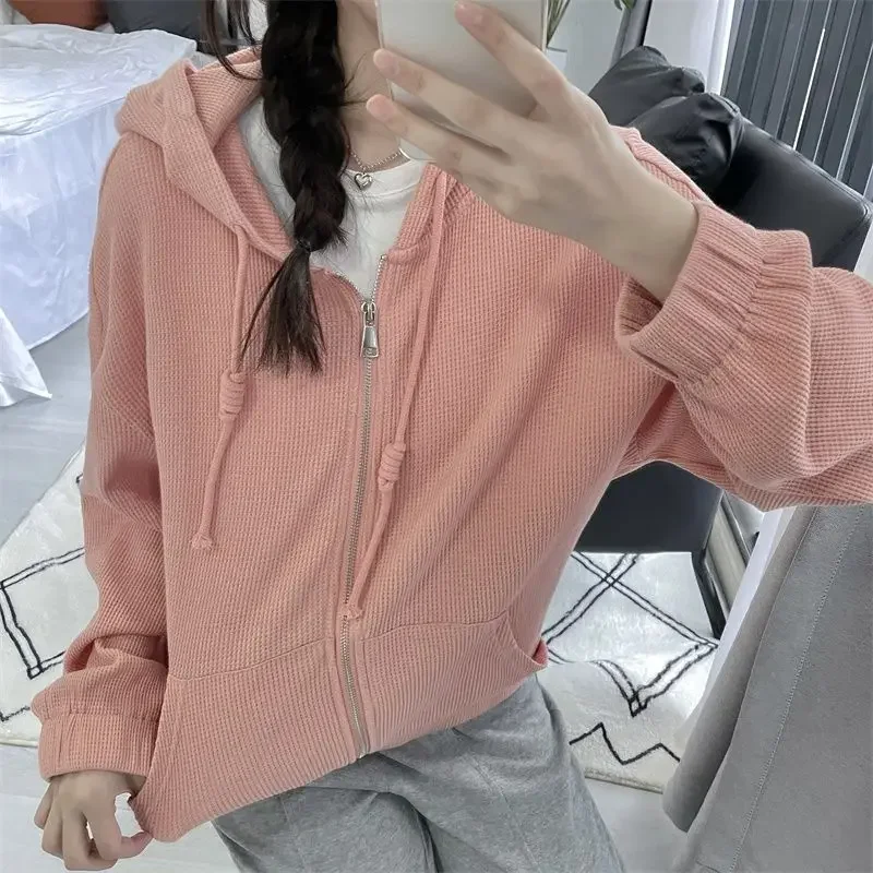 Spring Autumn Women's New Spliced Hooked Drawstring Zipper Pocket Screw Thread Fashion Solid Loose Casual Long Sleeve Coat E3016