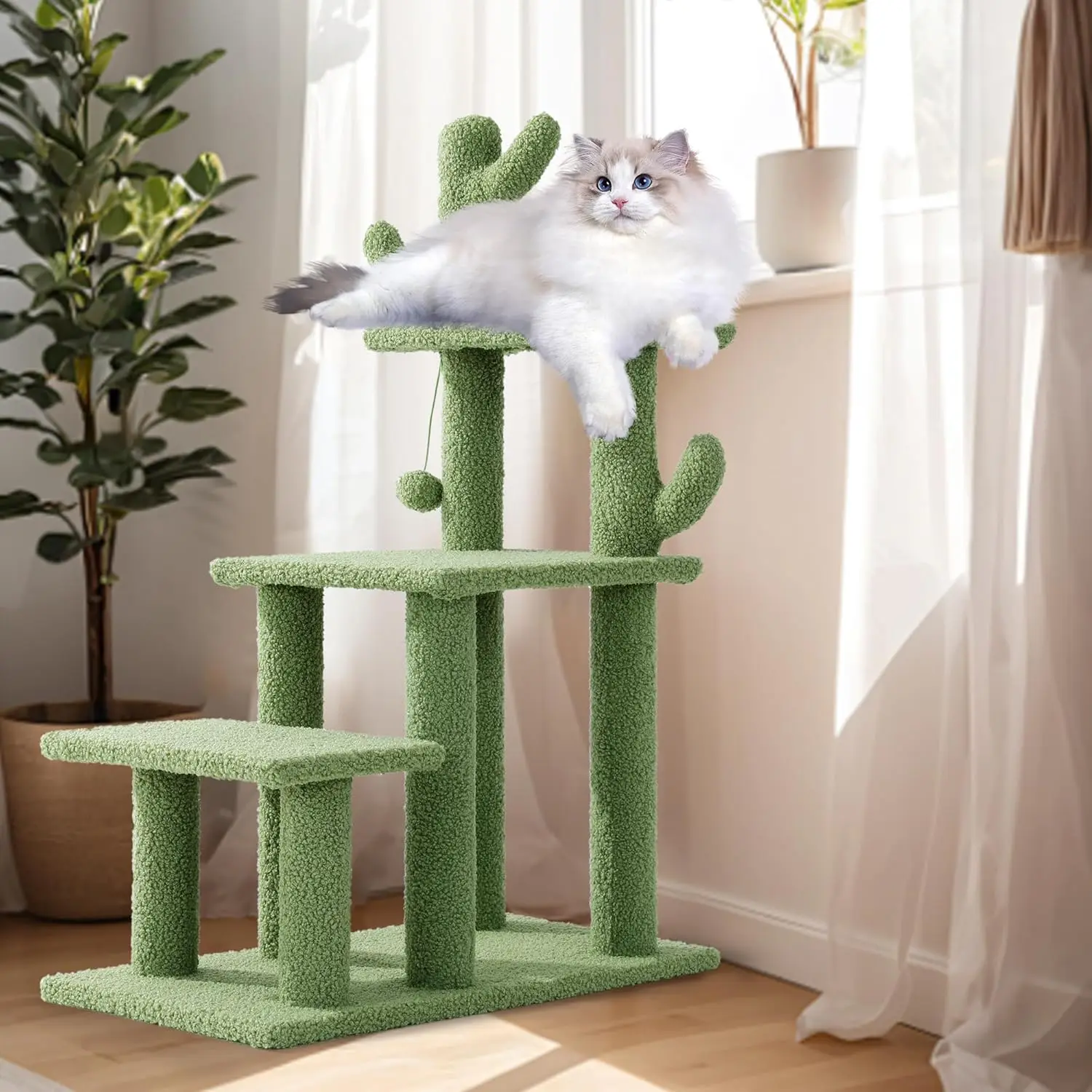 

Cautus Cat Stairs for Old Cats & Dogs, Pet Steps for High Beds, Couch & Window,Vertical Cautus Green Cat Tree with Dangling