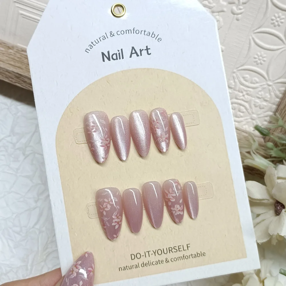 

2026 New Simple and Sweet Almond-Shaped Nail Stickers, Pink Cat Eye Handmade Nail Art