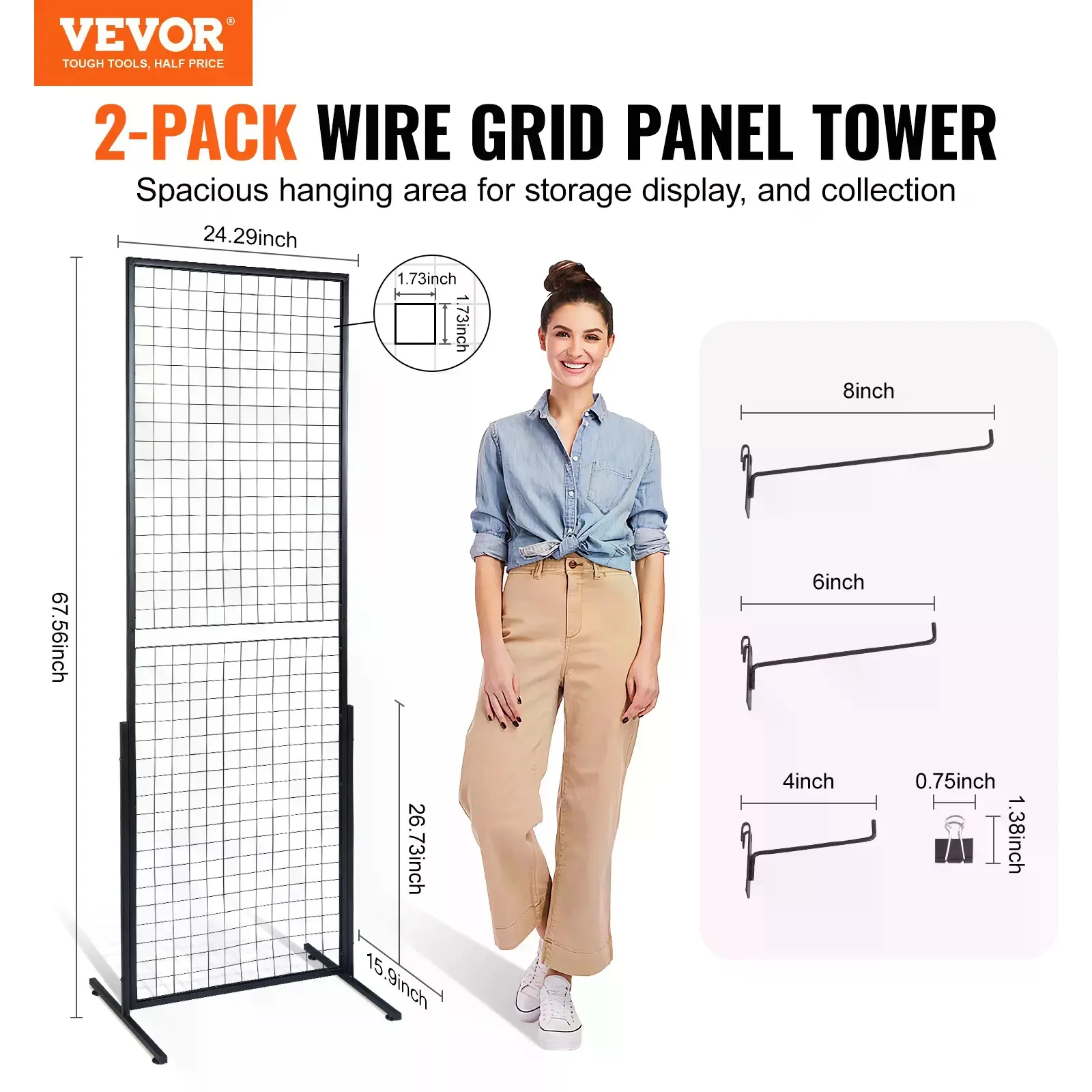 2-Pack Floorstanding Grid Wall Panel Tower with T-Base, 2'x5.6' Double-Sided Wire Racks, Expandable Decoration Hanger Set with Extra Clips & Hooks, Easy Installation for Art Craft Shows, Room Use, Home Organization Storage, Dorm Essentials