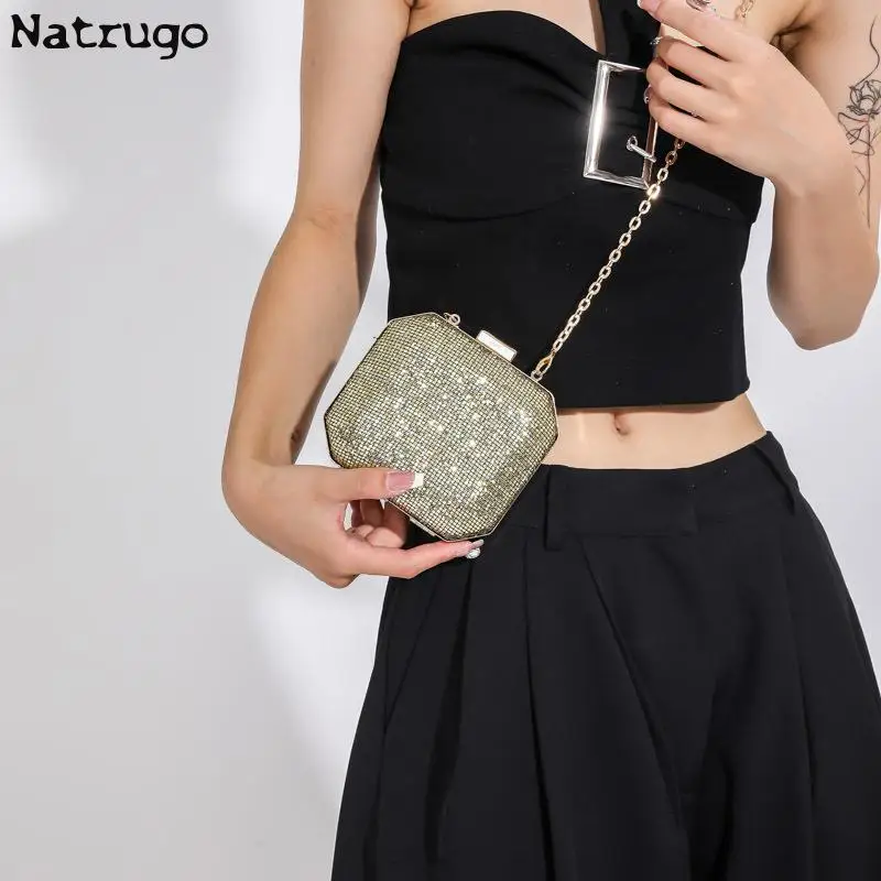 Women Mini Evening Bag Fashion Rhinestone Retro Shoulder Bag Women Gold Siver Black Color Chain Crossbody Bag