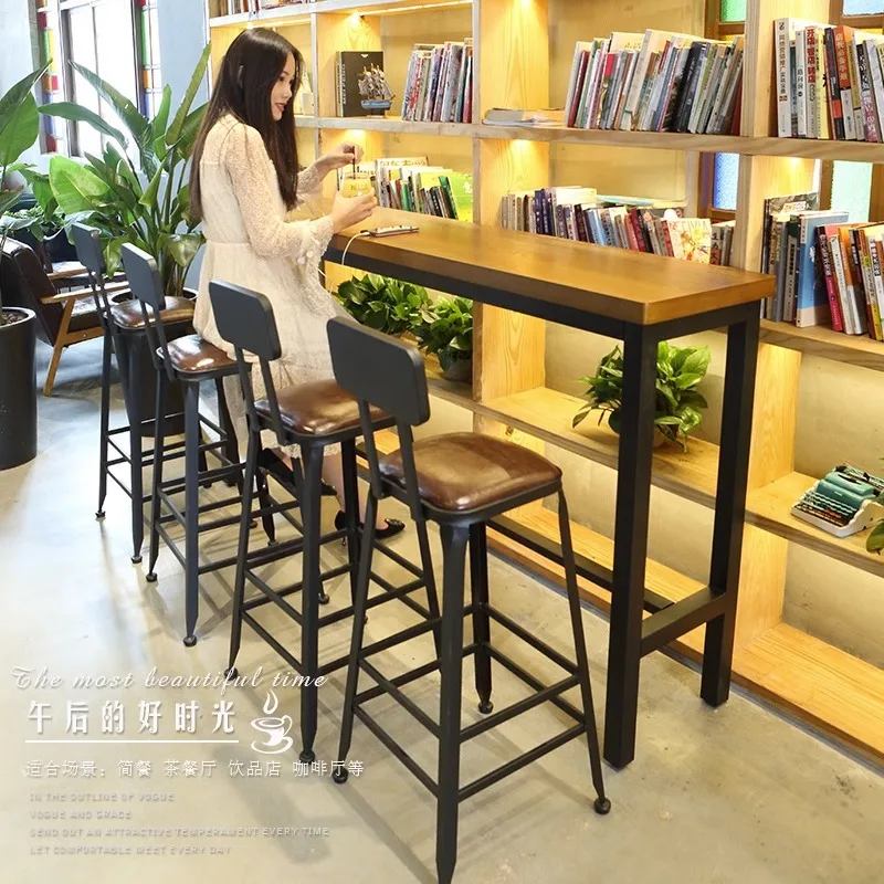 Bar table, vintage wrought iron, high table and chair combination, modern simple solid wood, home bar, milk tea shop, long strip