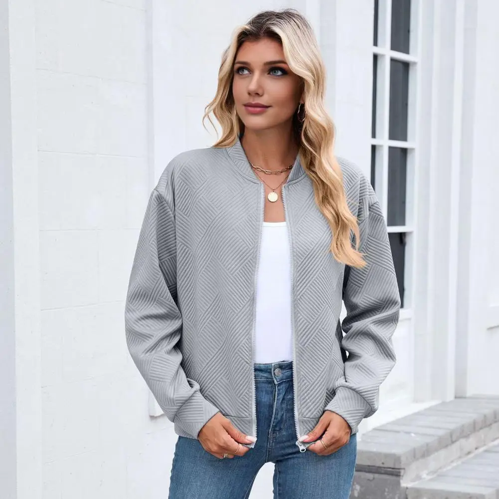 Autumn Outerwear Women’s Stand Collar Baseball Jacket Long Sleeve Sport Outerwear with Zipper Closure Solid Color for Wear