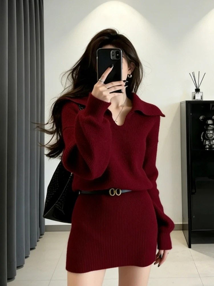 

Корейское трикотажное платье с V-образным вырезом, женское осенне-зимнее красное платье Cisas, новогоднее повседневное модное миди Dr