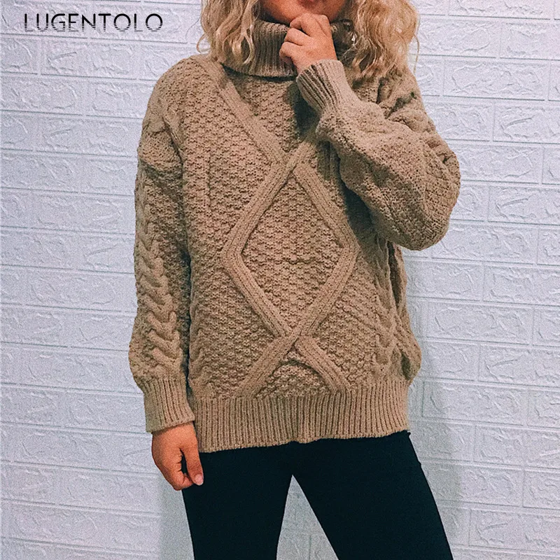 

Women Coarse Twist Sweaters Knit Turtleneck Loose Autumn Winter New Female Casual Rhombic Lattice Pullover Cloth