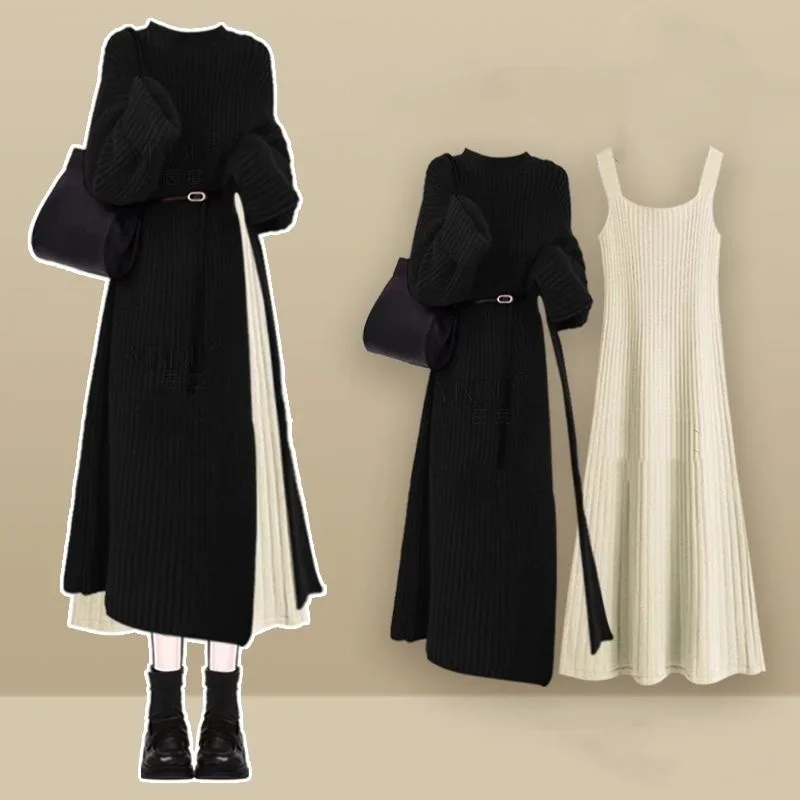 2025 Spring Autumn New Clothing Matching Sets Women Graceful Lucky Red Long Split Sweater Sleevess Dress Two Piece Suits - Image 3