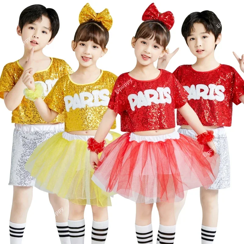 

Children Sequins Jazz Dance Clothes Girls Modern Dancewear Street Dance Toddler Cheerleader Fluffy Saree Performance Costume