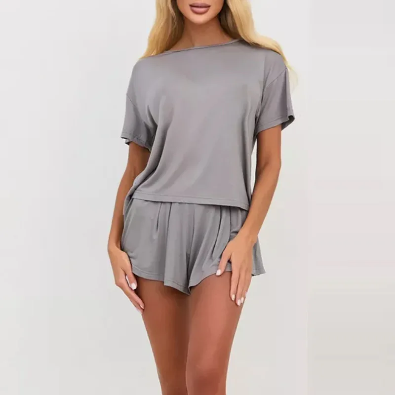 Breathable Modal Pajamas Sets European 2pcs Loungewear Summer Casual Homewear Lady's Crew Neck Shorts Set