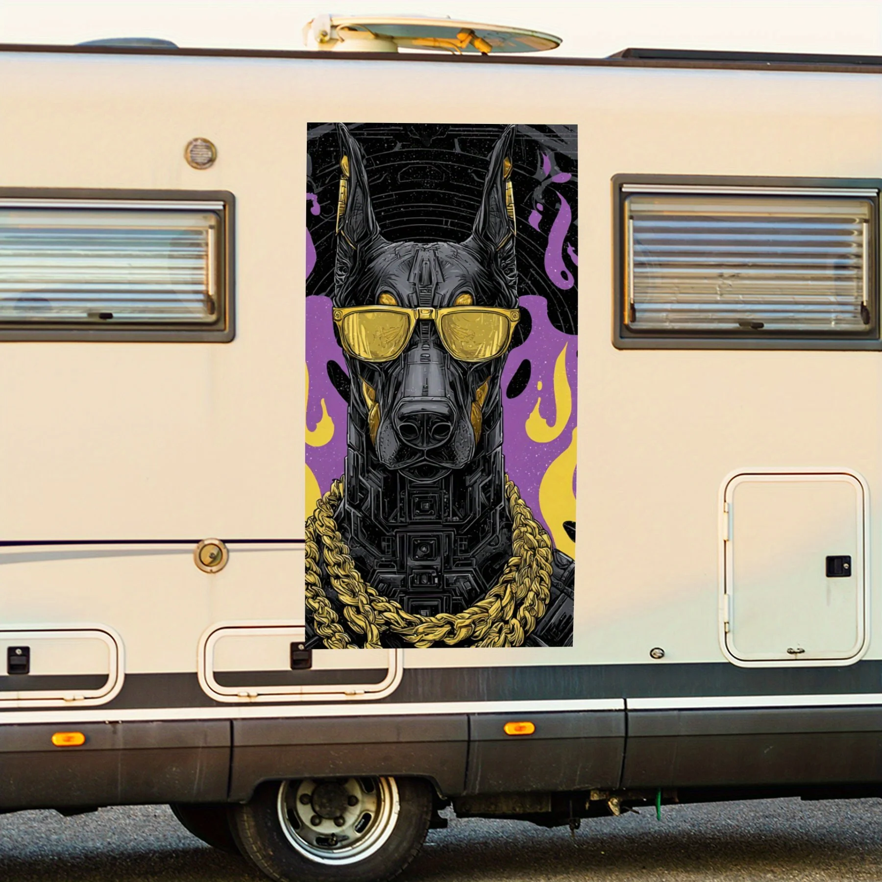 

Cool Black Mechanical Dog with Gold Chain,Waterproof Vinyl Decal for RV Side, Self - Adhesive Stickers to Decorate & Protect RV