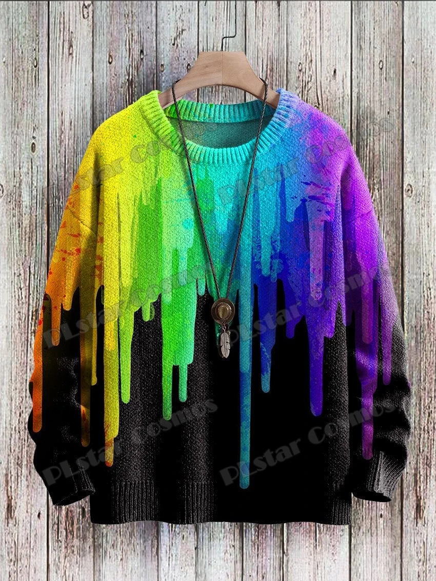 Winter Unisex Casual Knit Pullover Sweater Watercolor Rainbow Art Pattern 3D Printed Fashion Crewneck Knitted Sweaters KMY36