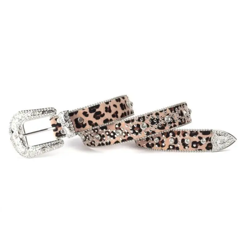 39BB Cinturón con estampado leopardo y hebilla diamantes imitación para fiesta disco para niña