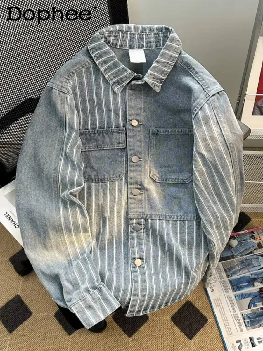 

Blue Stripe Stitching Pocket Denim Jackets Men's Women's Fashion Casual Denim Jackets Handsome Male Retro Loose Comfort Jacket