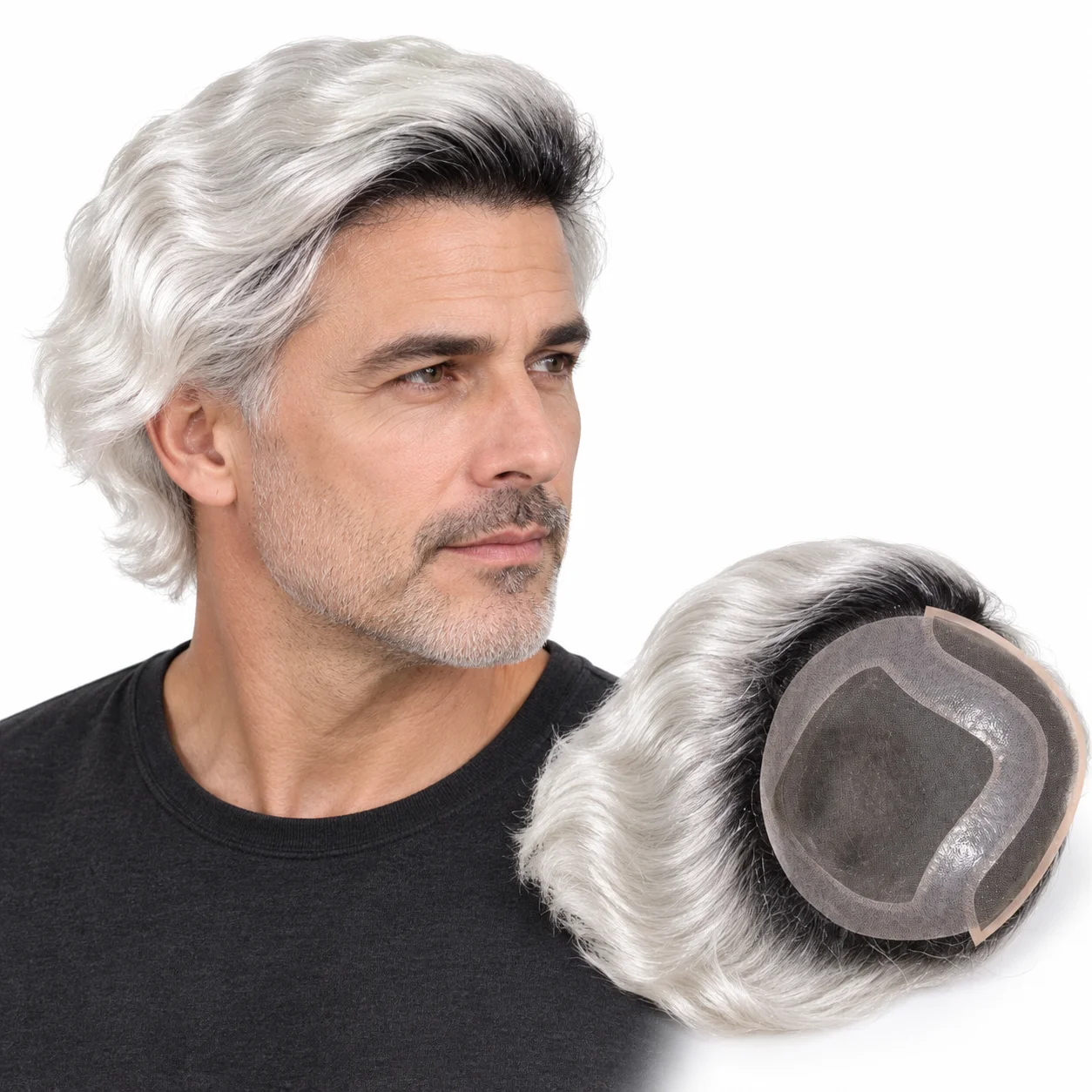 Men's 7 Inch Silver Ombre Human Hair Toupee 40mm Wave Mono Swiss Lace Frontal PU Base 130% Density for Hair Loss