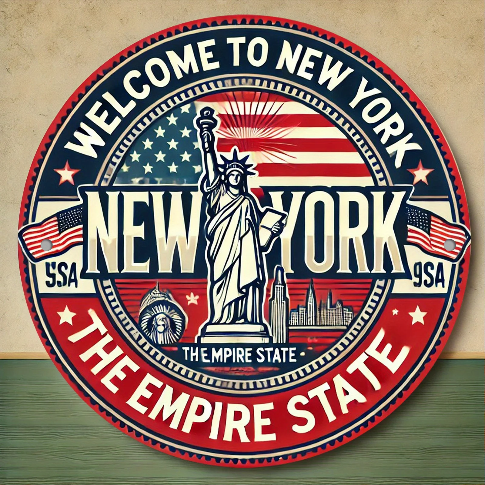 Art mural en aluminium de style vintage « Bienvenue à New York », panneau métallique facile à accrocher avec un monument emblématique de la ville de New York
