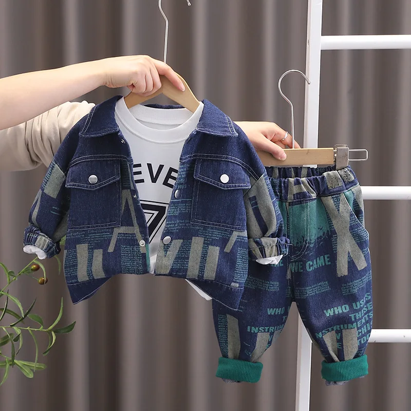 2024 Autumn Luxury Baby Boy Clothes 18 To 24 Months Letter Print Long Sleeve Denim Coats + T-shirts + Pants Kids Boys Outfit Set