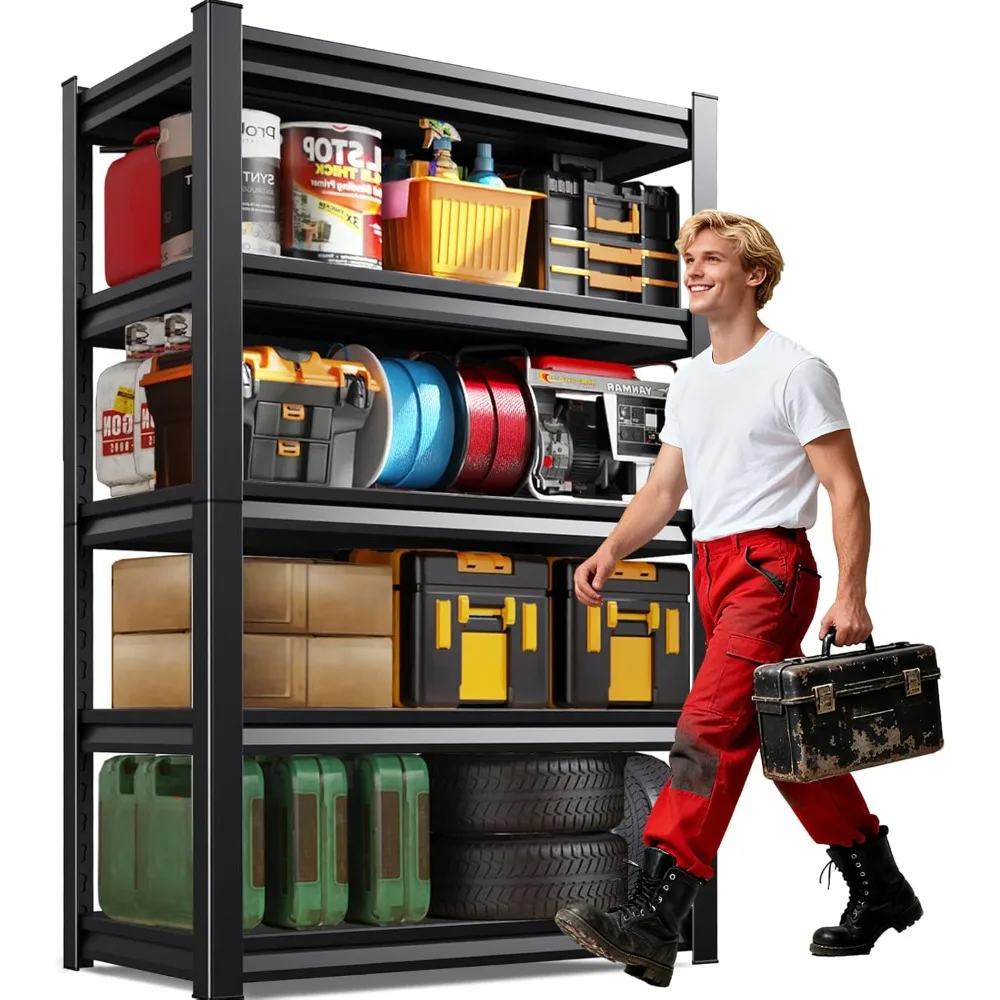 5段メタルガレージ棚、ヘビーデューティ棚3500ポンド耐荷重調整可能ガレージ棚、ユーティリティラック大型工業用棚