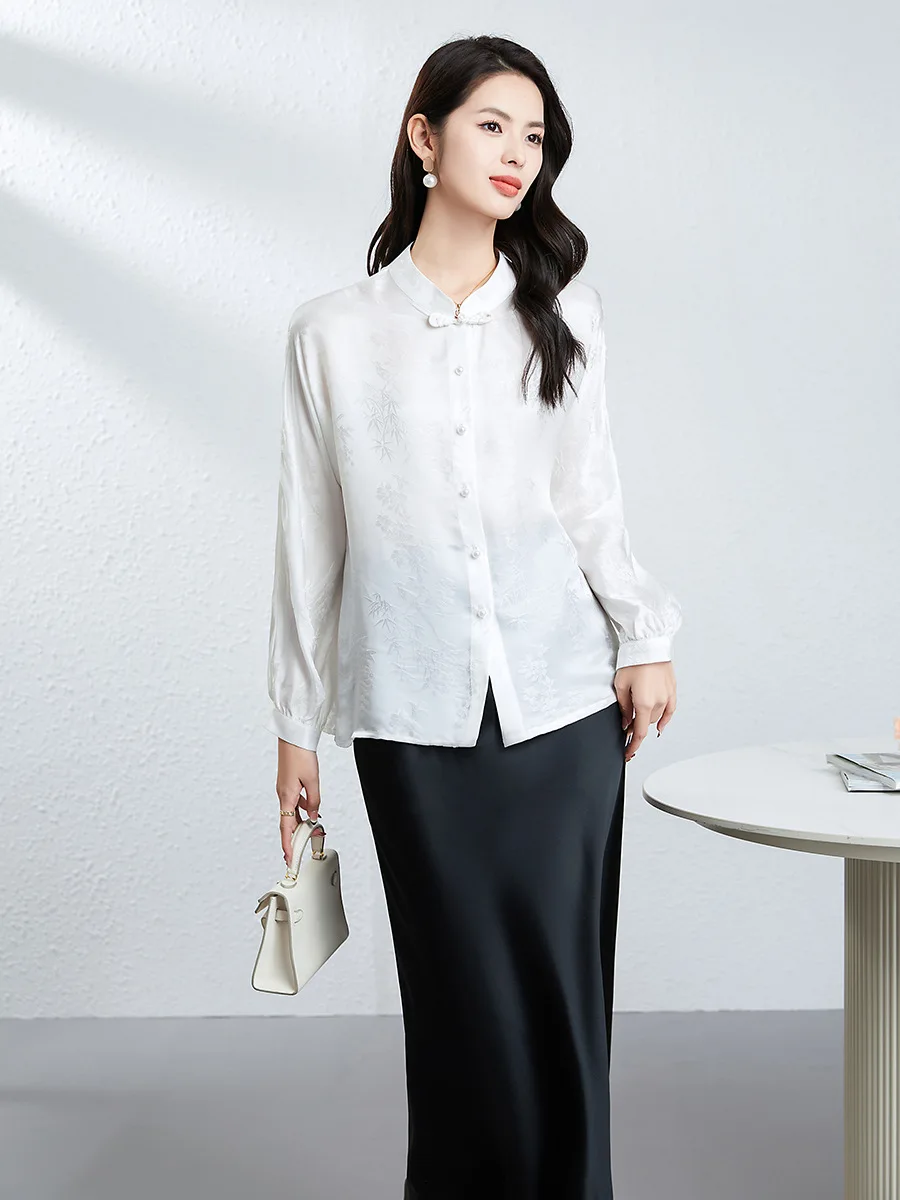 Winsleter-24,4% zijde 75,6% viscose elegant shirt, standaard jacquard, dames retro temperament pendelblouse, herfstnieuw 2025, T59433CC