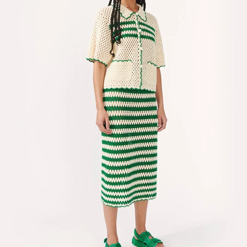 

Women's Autumn/Winter Set Top Half-skirt Knitted Lapel Openwork Stripes Short Sleeves Casual Design Soft Niche Versatile Skinny