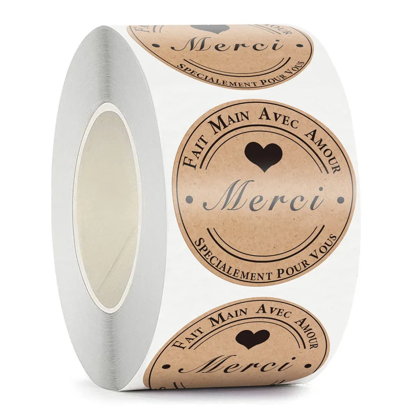500pcs Roll Kraft Paper Thank You Heart Self Adhesive Stickers, Baking Decor Sealing Labels for Gift Packaging