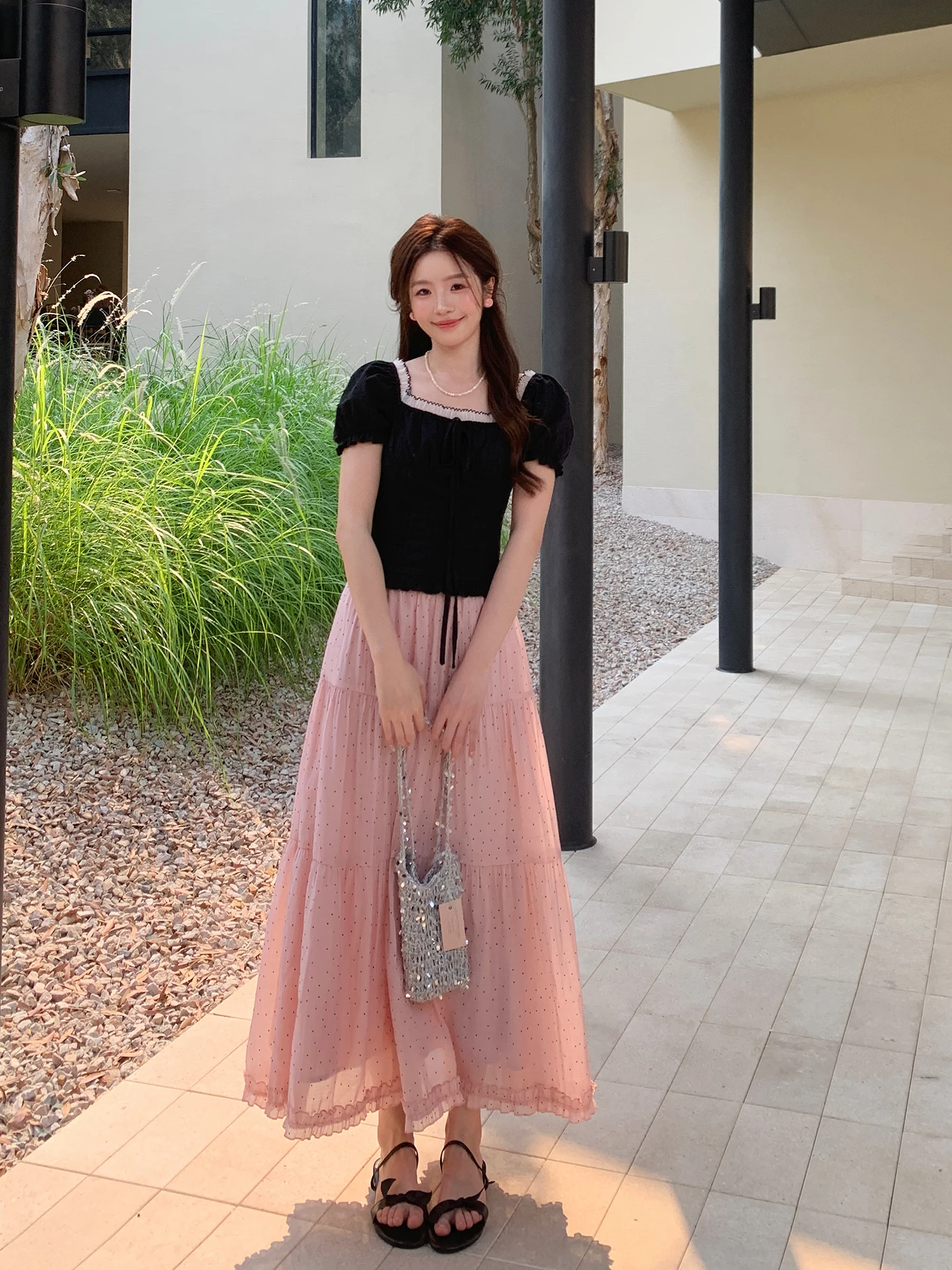

Korean Style High Waist Polka Dot Cake Skirt Ballet Style Half Skirt Pink Color Even-YiWen Miu Point Bobo Spring Summer