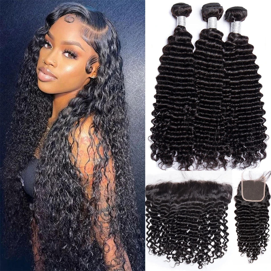 Long Deep Wave Hair 8A Grade Human Hair Bundles with Closure Peruvian Hair Bundles with Lace Frontals 13x4 Human Hair Extensions