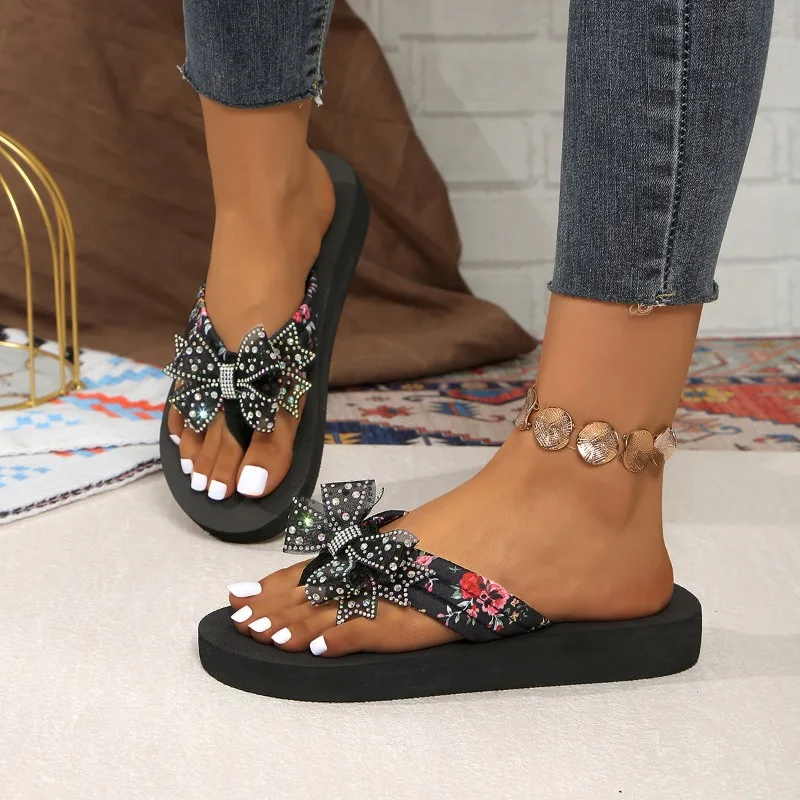 Women's Flat Sandals Summer New Round Head with Toe Drill Butterfly Knot Thick Sole Non-slip Slippers