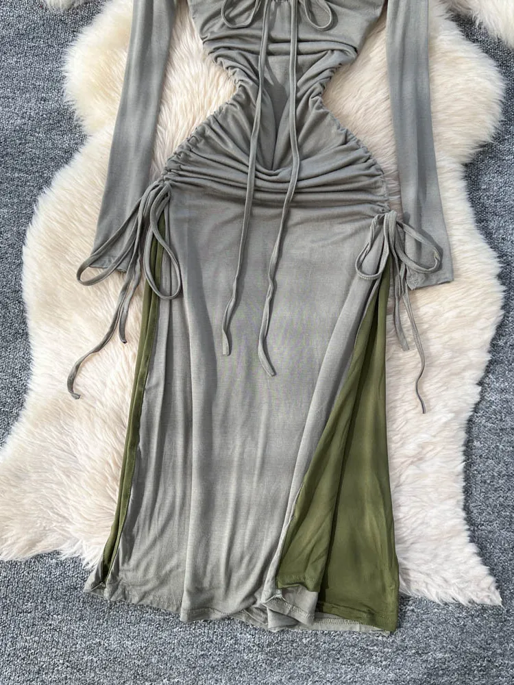 Coreano sle plissado longo sve feminino dr dstring cor blo emagrecimento a linha maxi saia commute faion fibra de poliéster