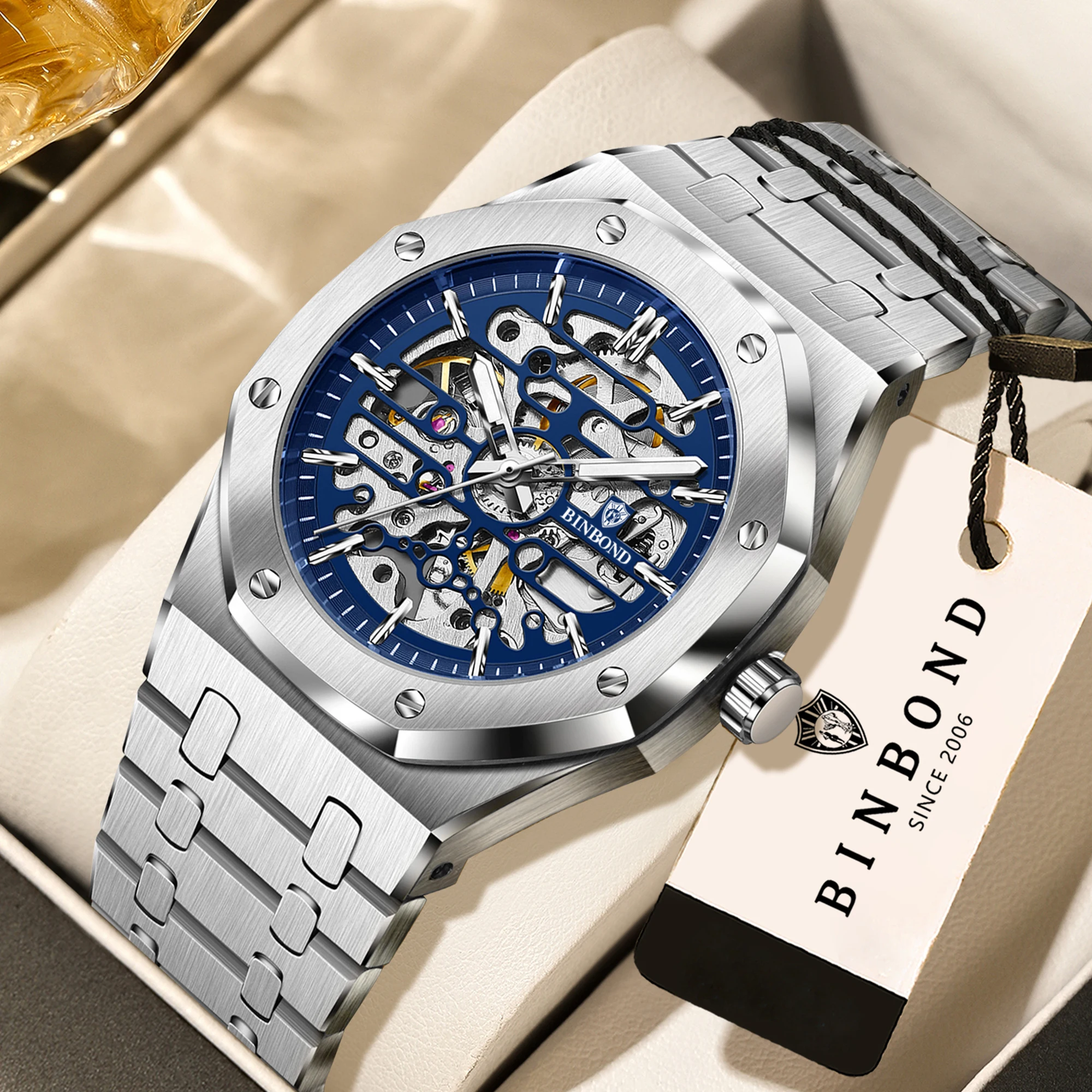 BINBOND Präzise Skelett-Mechanische Uhren für Herren Luxuriöse Leuchtende Wasserdichte Automatische Herrenuhr Robuster Edelstahl Relo