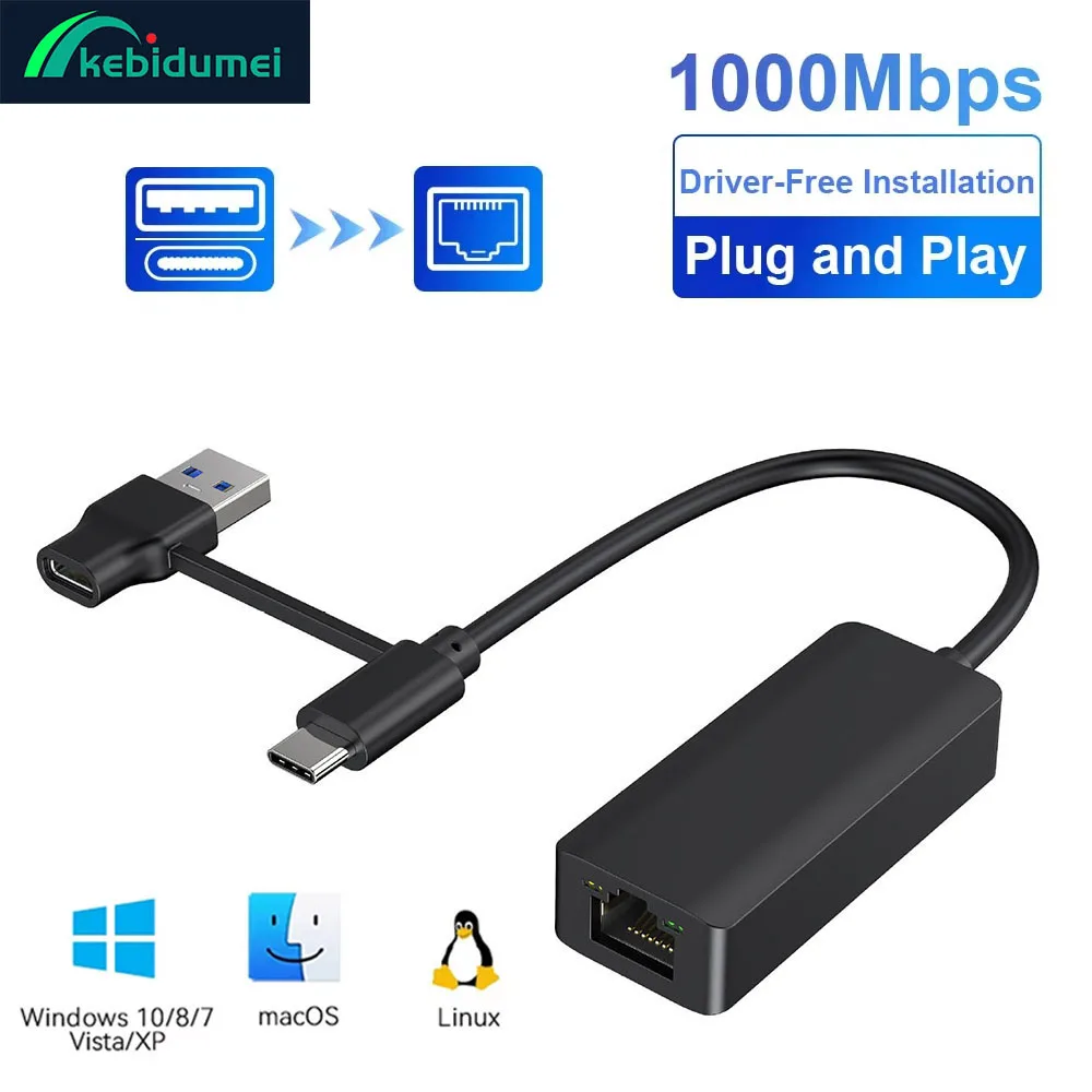 Kebidumei USB Ethernet Adapter USB 3.0 Type C To RJ45 Gigabit Network Card Lan Internet Cable For PC Desktops Laptop Accessories