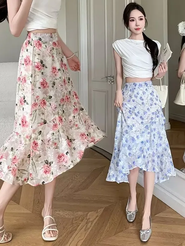 

Новинка лета 202, большие размеры, юбка с хвостом Fi, женская шифоновая юбка с принтом f, асимметричная юбка-миди с высокой талией