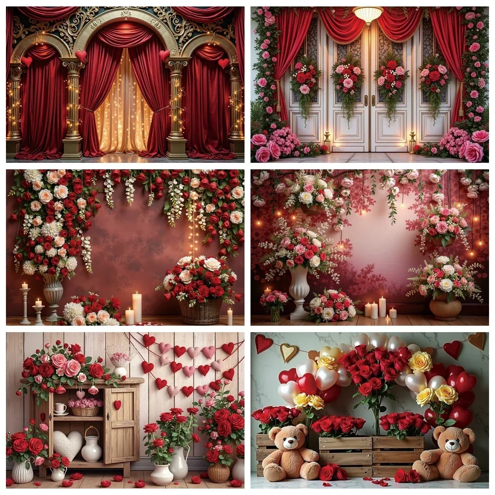 

MOON.QG 2025 Valentines Day Photo Studio Background February 14 Photography Backdrop Red White Curtain Flower Outdoor Photocall