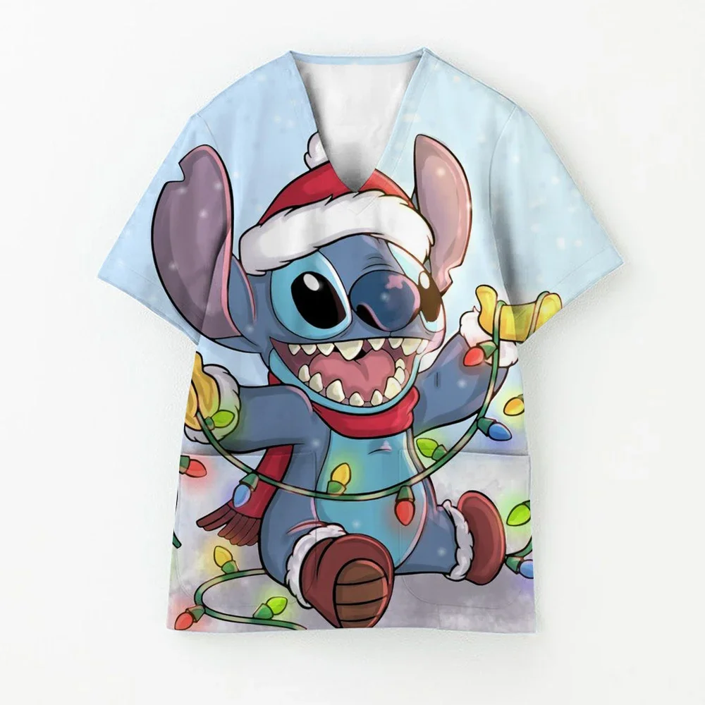 Women Medical Scrubs Top Surgical Comfortable Fashion Uniforms Disney Stitch Christmas Collection Doctor Scrub Tops