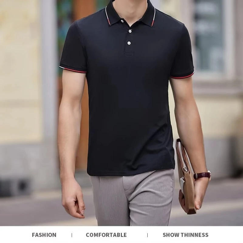 

Japanese Ins Versatile Short-sleeved Regular Summer Men's Mercerated Elastic Pearl 5A Antibacterial Lapel Youth T-shirt Standard