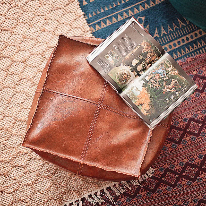 Moroccan PU Leather Pouf Embroider Crafts Sofa Ottoman Cover Footstool Large 45cm Artificial Leather Unstuffed Cushion Covers