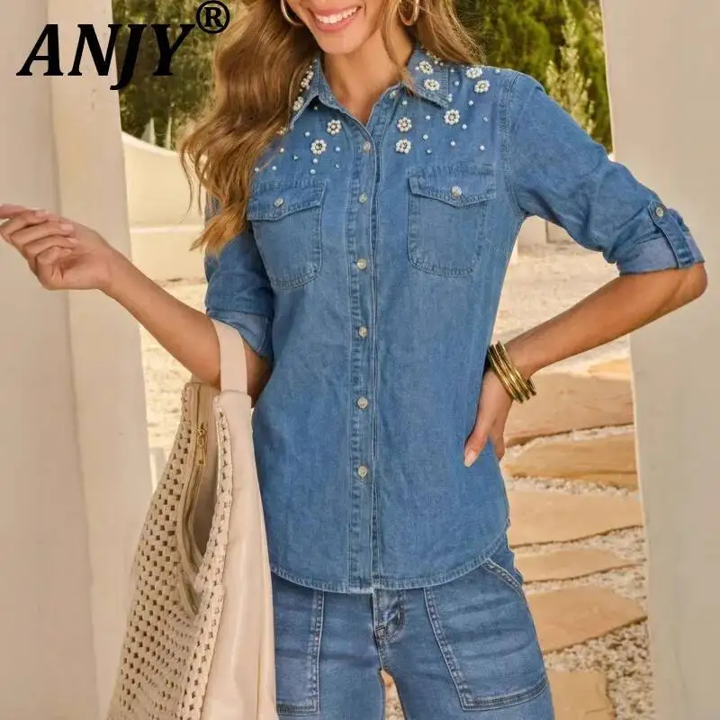 

ANJY Spring Autumn New Women Fashion Casual Embroidered Flares Slim Fit Denim Long Sleeve Shirt Trendy High Street Design A22957