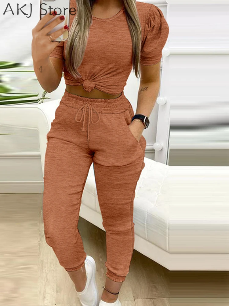 

2 Piece Casual Pants Set Round Neck Short Sleeve Top Drawstring Shirred Pants with Pocket