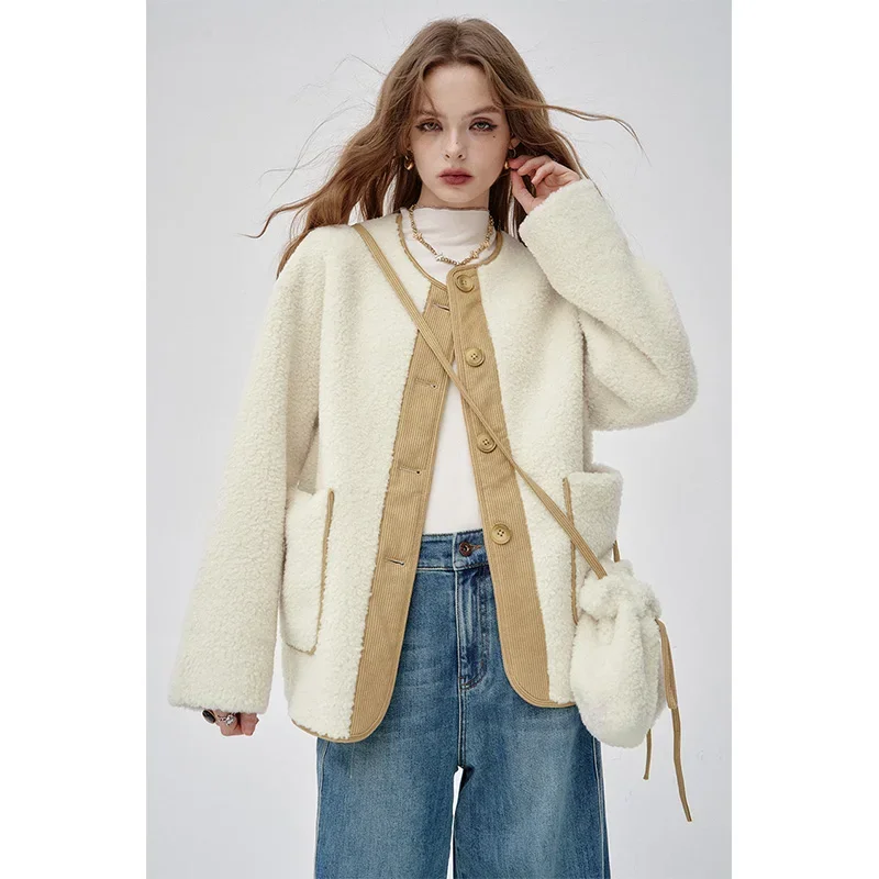 ELFSACK Casual Elegant Faux Shearling Solid Color Quilted Wool Blend Coat For Woman