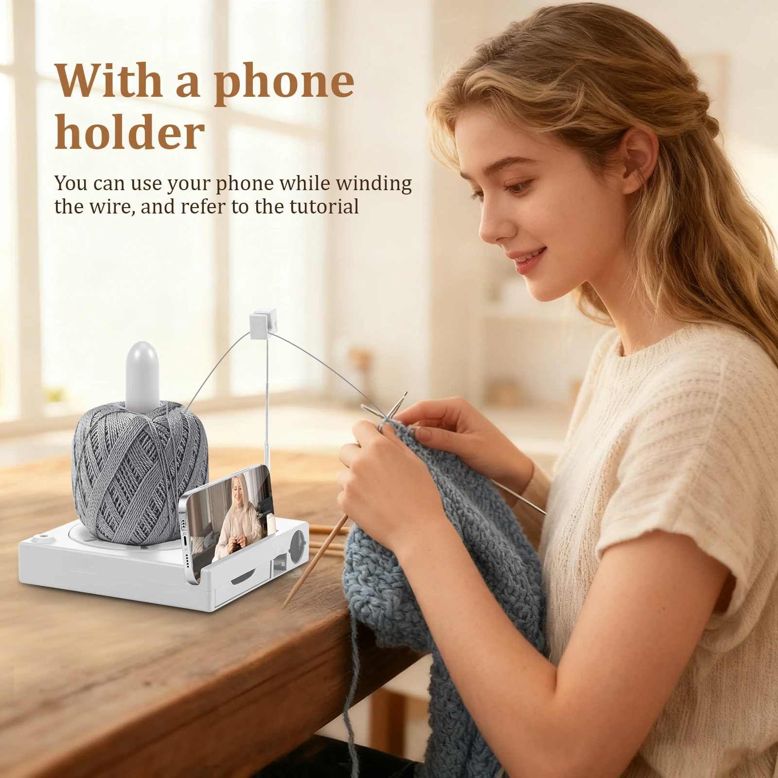 Versatile Yarn Spool Box Portable Crochet Caddy Yarn Organizer Spool Box with Bottom Drawer & Phone Stand for Knitting Lovers view 5