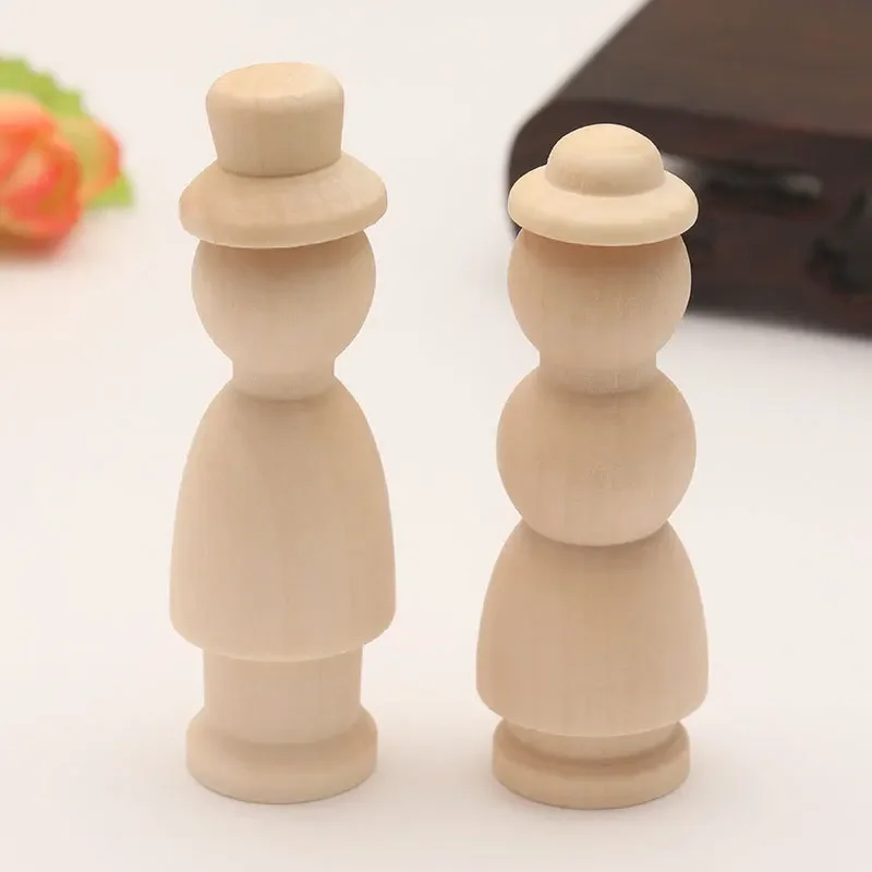 5pcs Unfinished Wooden Peg Doll and Hat Decorative Wooden Nail Dolls People Arts Crafts for DIY Painting Natural Wood Peg People