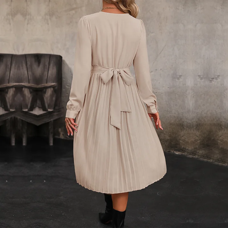 Primavera outono nova moda feminina cor sólida elegante casual na moda plissado meados de bezerro comprimento simples vestidos básicos roupas femininas
