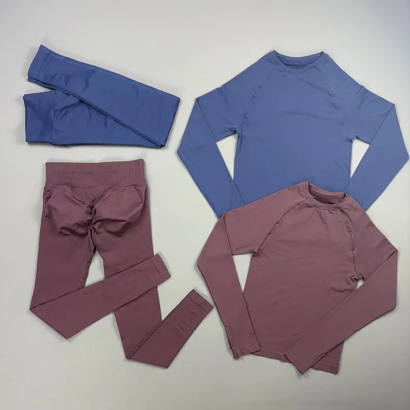 2 Piece Gym Set Women Raglan Long Sleeve Thumb Hole Top Tummy Control Ruched Hip Leggings Gym Yoga Pilates Training Sportswear