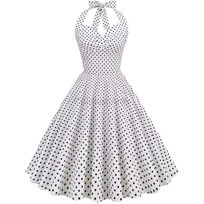 

Sexy Retro Black White Halter Vintage Dress 1950s Polka Dot Swing Dress Robe Femme Pin Up Rockabilly Party Dress