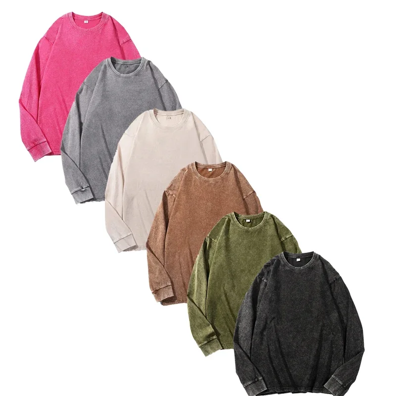 Vintage Washed Men's Long-sleeve T-shirt 6 Piece Set, Loose Round Neck, Worn-in Casual Street Style Basic Pullover for Autumn