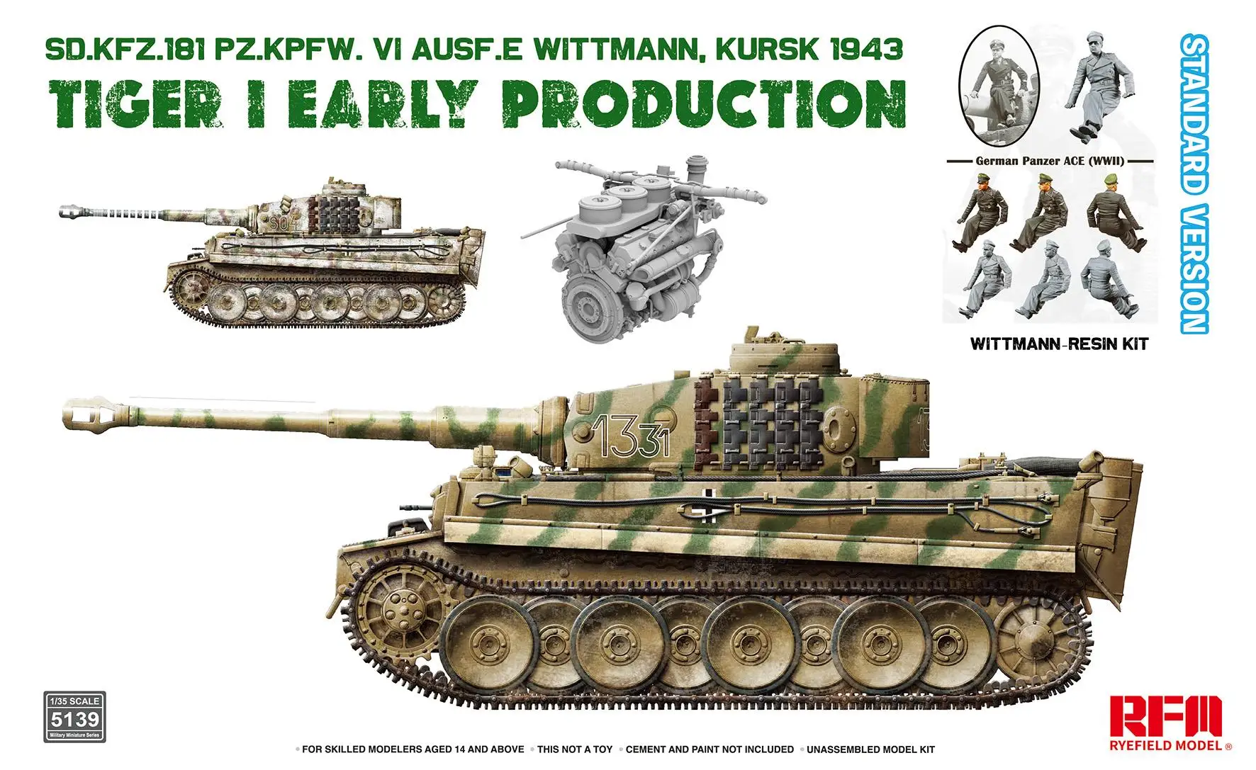 RYEFIELD 5139, масштаб 1/35, Sd.Kfz.181 TIGER I EARLY PRODUCTION KURSK 1943, с (фигуркой из смолы), СТАНДАРТНАЯ ВЕРСИЯ