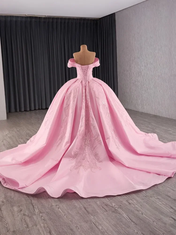 Customized Lovely Blushing Pink Rhinestone Sequins Wedding Dresses 2025 Ball Gown  Short Sleeve Backless Chapel Train Wedding